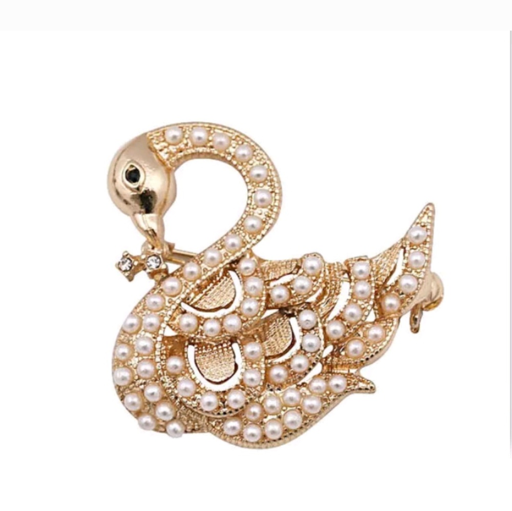 Antique 14kt gold tone pearl swan brooche